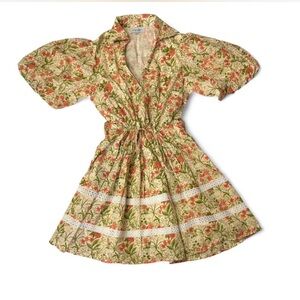 Green Notched Collar Puff Sleeve Mini Dress